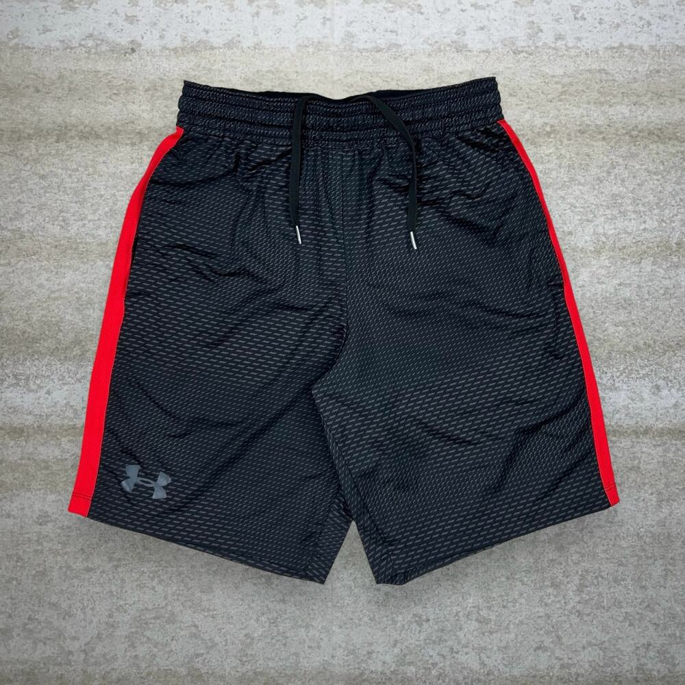 Vintage Y2K Under Armour Gym Shorts Mens S Black Polyester Crimson Red 9" Inseam